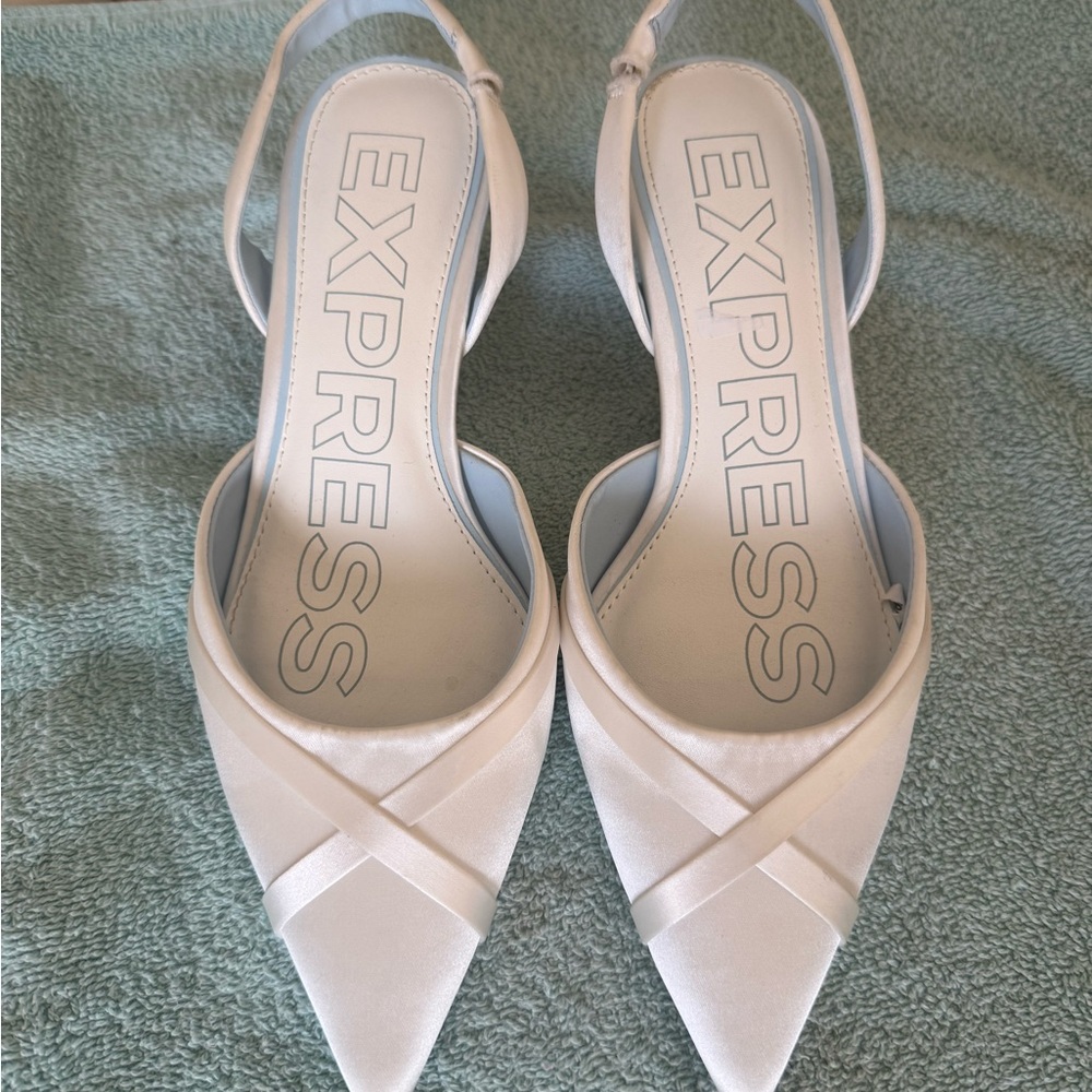 Express White Satin Pointed Slingback Heels / Crisscross